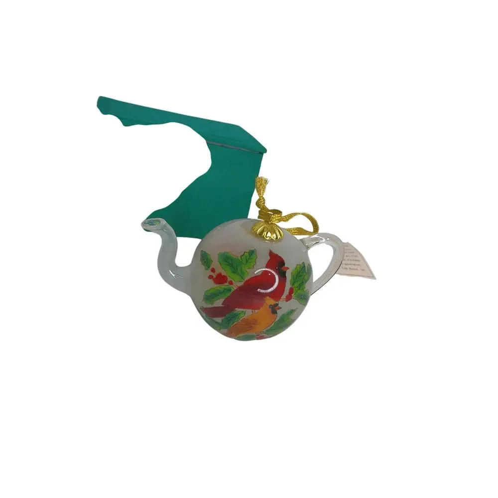 Vintage 1998 Studio Nova Cardinals on Teapot Glass Christmas Ornament